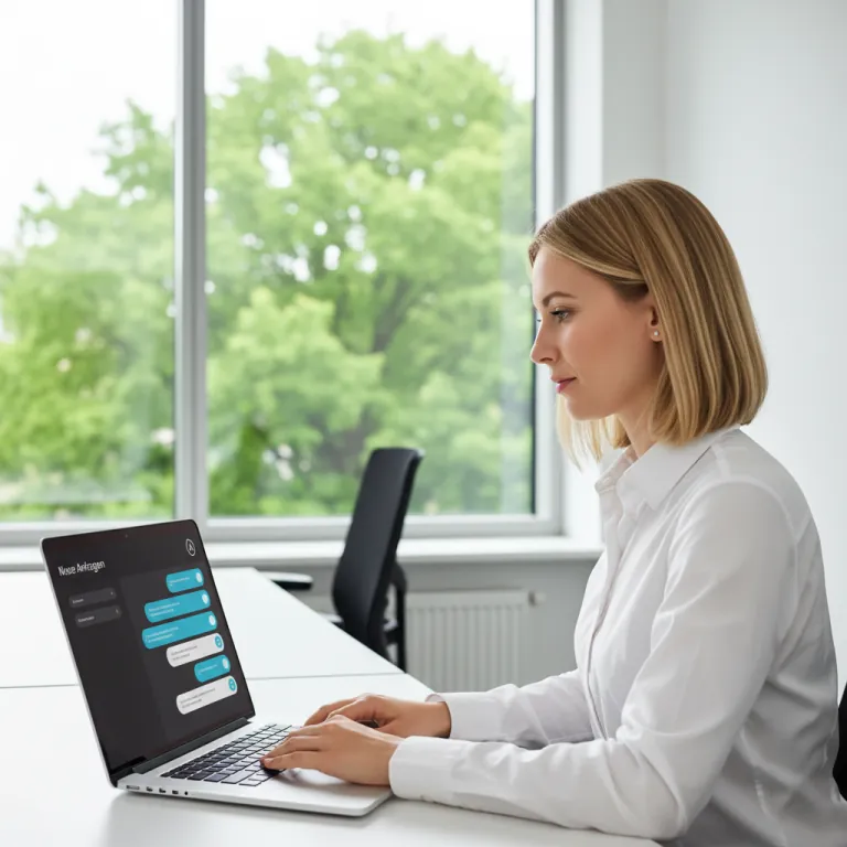 Frau am Laptop betrachtet eine Sales Chatbot Visualisierung zur automatischen Leadgenerierung, um Website Besucher in qualifizierte Anfragen zu verwandeln Bauner.