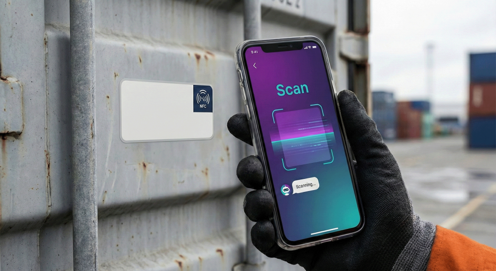 A close-up photograph of a gloved hand holding a smartphone against the rusty metal surface of a shipping container. The phone screen displays a purple and teal gradient scanning interface with the text "Scan" and a chatbot bubble reading "Scanning...", positioned next to a plain white label with an NFC icon affixed to the container, representing digital supply chain monitoring.